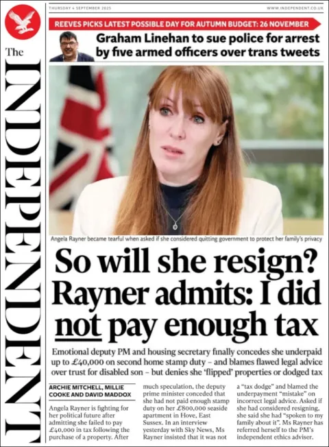 Portada de The Independent del jueves, 4 de septiembre de 2025