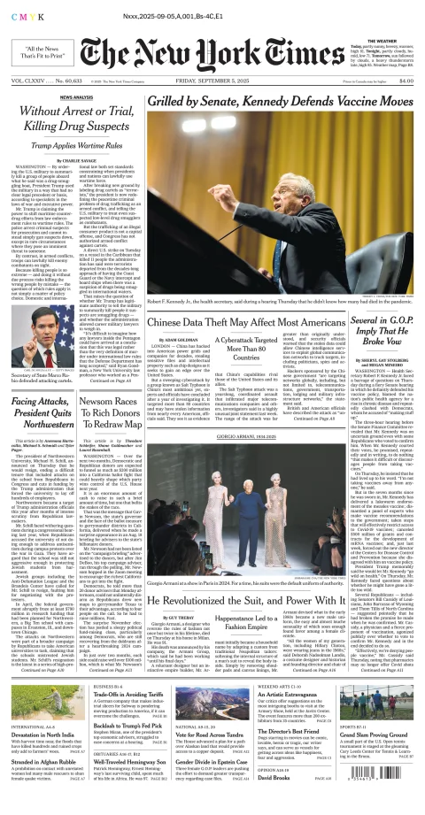 Portada de The New York Times (new York) del viernes, 5 de septiembre de 2025