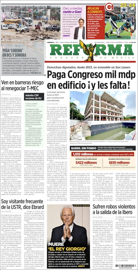 Portada de Reforma del viernes, 5 de septiembre de 2025