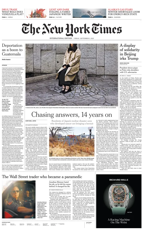 Portada de The New York Times (international) del viernes, 5 de septiembre de 2025
