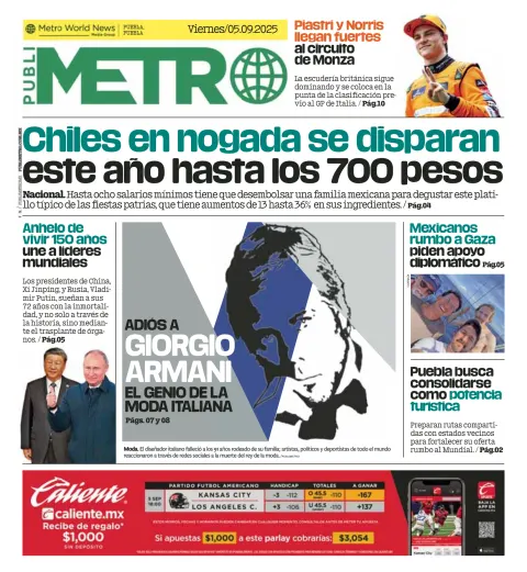Portada de Publimetro Puebla del viernes, 5 de septiembre de 2025