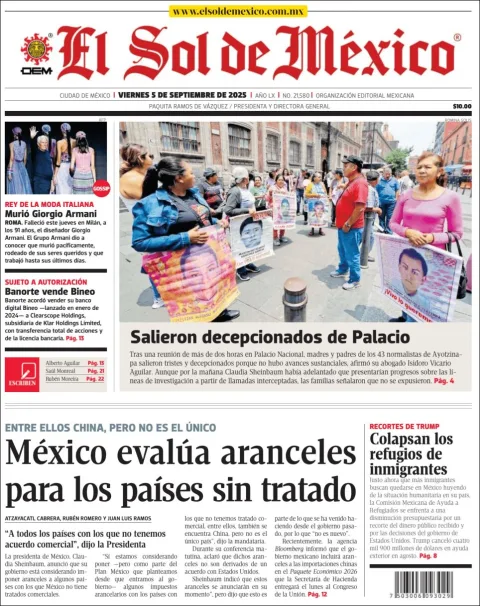 Portada de El Sol de Mexico del viernes, 5 de septiembre de 2025