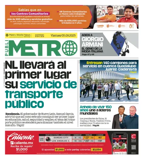 Portada de Publimetro Monterrey del viernes, 5 de septiembre de 2025