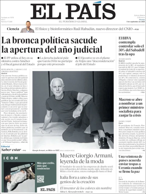 Portada de El Pais del viernes, 5 de septiembre de 2025