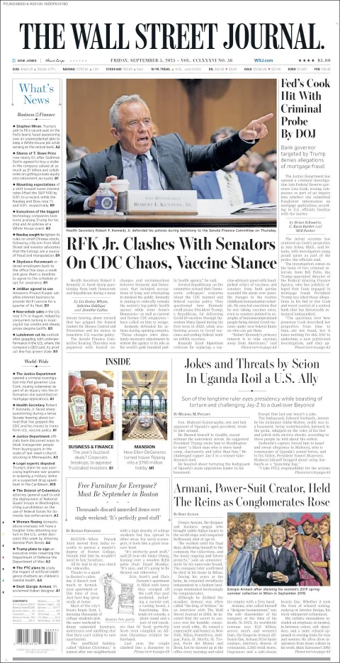 Portada de The Wall Street Journal del viernes, 5 de septiembre de 2025