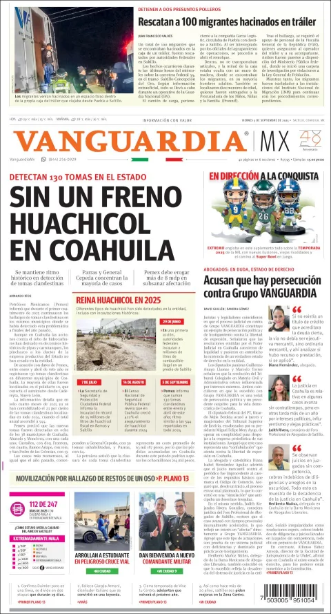 Portada de Vanguardia del viernes, 5 de septiembre de 2025