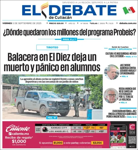 Portada de El Debate de Culiacan del viernes, 5 de septiembre de 2025