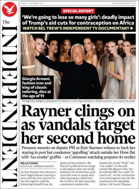 Portada de The Independent del viernes, 5 de septiembre de 2025