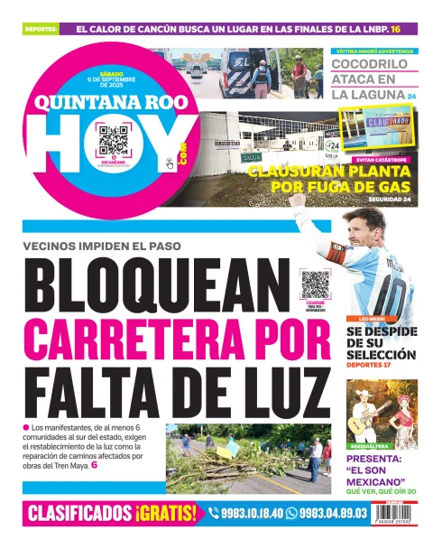 Portada de Quintana Roo Hoy (contraportada) del sábado, 6 de septiembre de 2025
