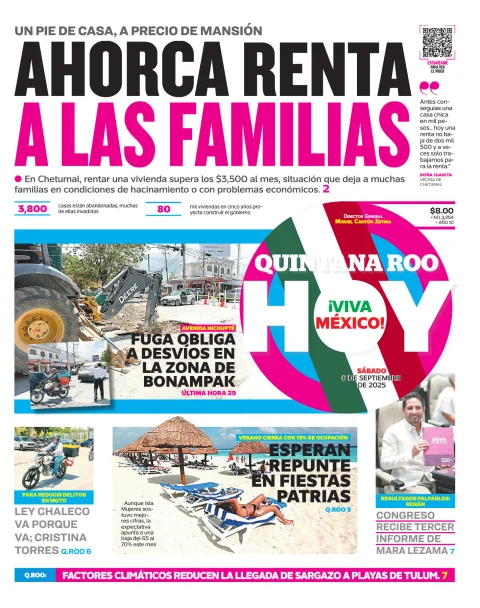 Portada de Quintana Roo Hoy (portada) del sábado, 6 de septiembre de 2025