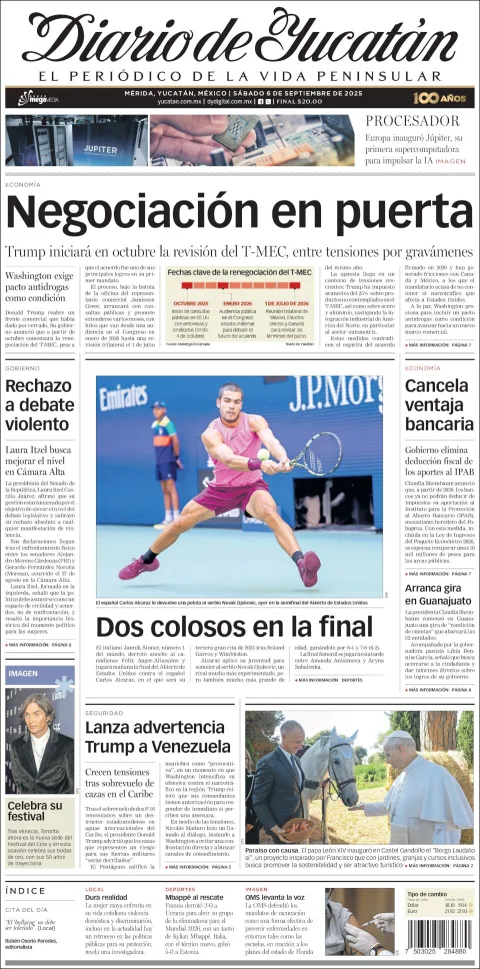 Portada de Diario de Yucatán del sábado, 6 de septiembre de 2025