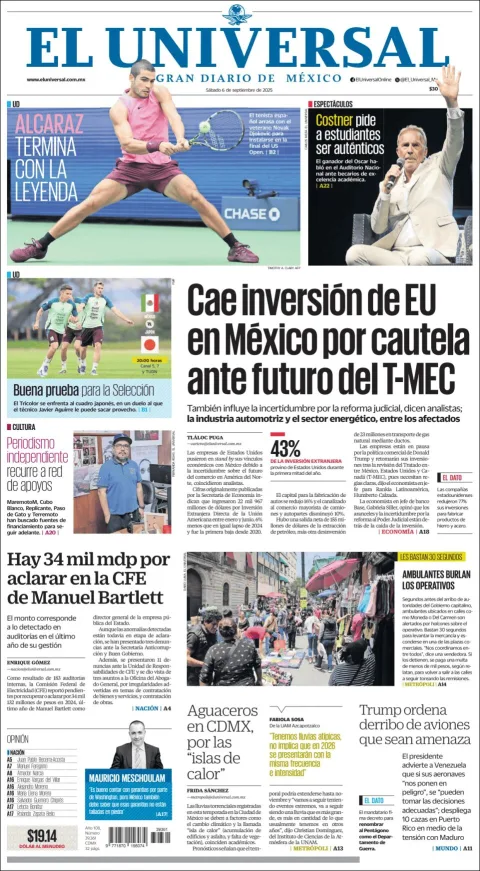 Portada de El Universal del sábado, 6 de septiembre de 2025