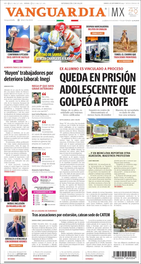 Portada de Vanguardia del sábado, 6 de septiembre de 2025