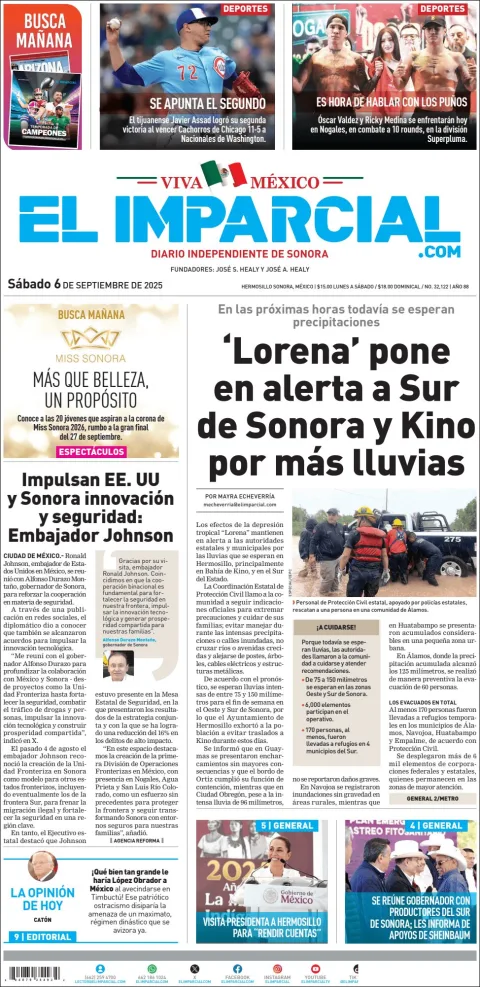 Portada de El Imparcial del sábado, 6 de septiembre de 2025