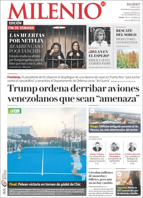 Portada de Milenio Tamaulipas del lunes, 8 de septiembre de 2025