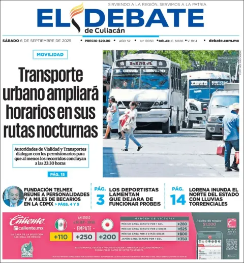 Portada de El Debate de Culiacan del sábado, 6 de septiembre de 2025