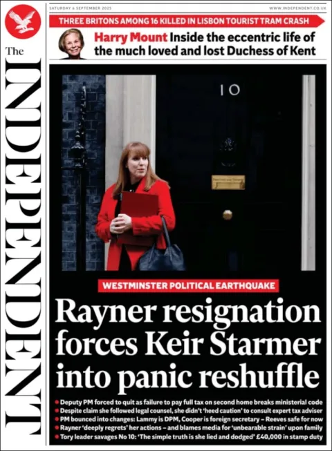 Portada de The Independent del sábado, 6 de septiembre de 2025