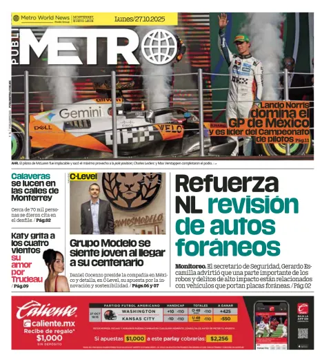 Portada de Publimetro Monterrey del lunes, 27 de octubre de 2025
