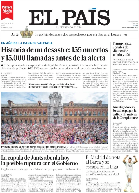 Portada de El Pais del lunes, 27 de octubre de 2025