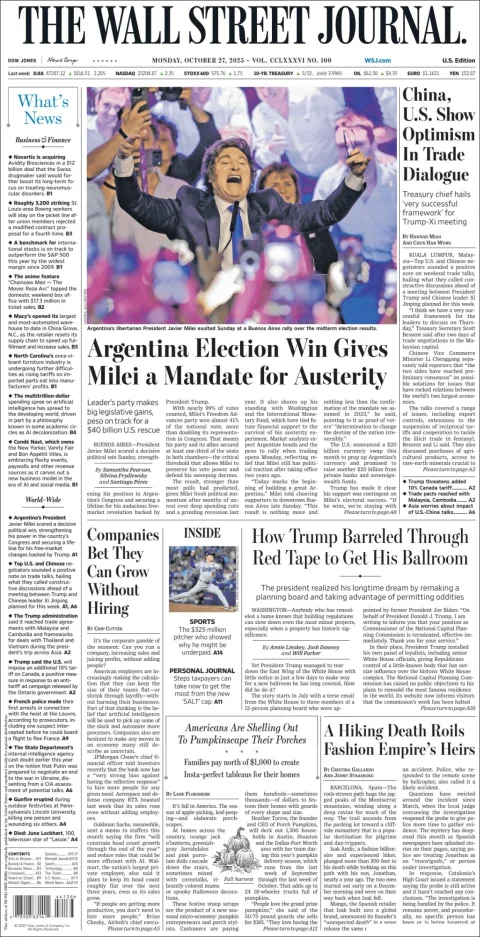 Portada de The Wall Street Journal del lunes, 27 de octubre de 2025