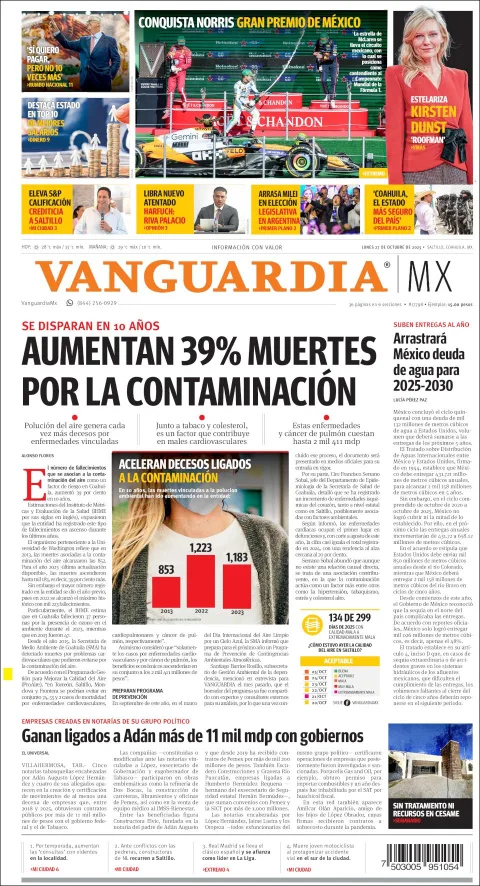 Portada de Vanguardia del lunes, 27 de octubre de 2025