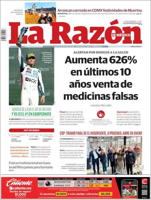 Portada de La Razon del lunes, 27 de octubre de 2025