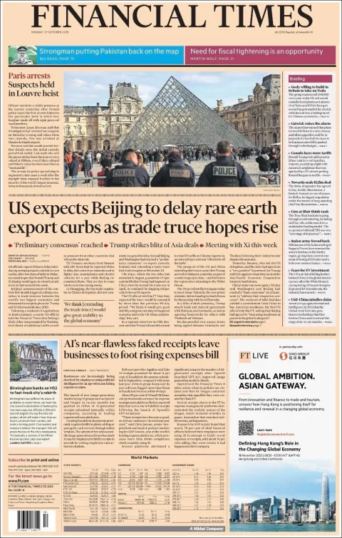 Portada de Financial Times del lunes, 27 de octubre de 2025