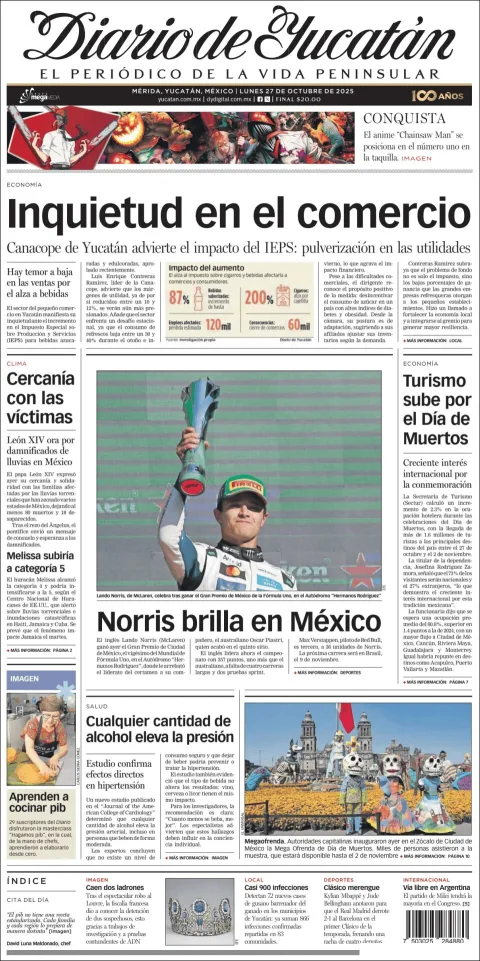 Portada de Diario de Yucatán del lunes, 27 de octubre de 2025