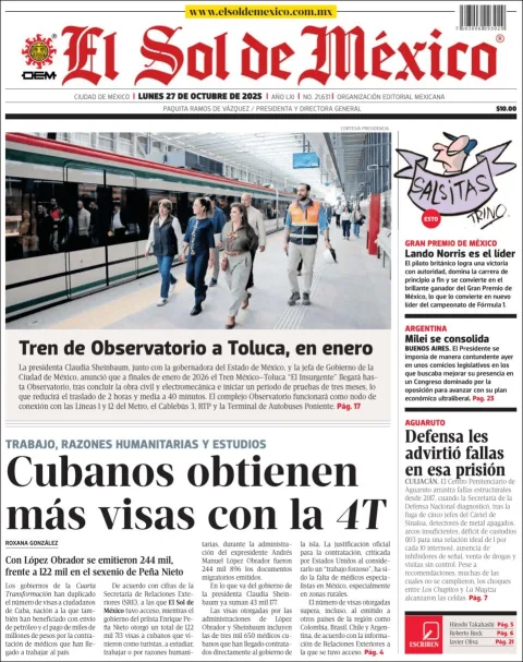 Portada de El Sol de Mexico del lunes, 27 de octubre de 2025
