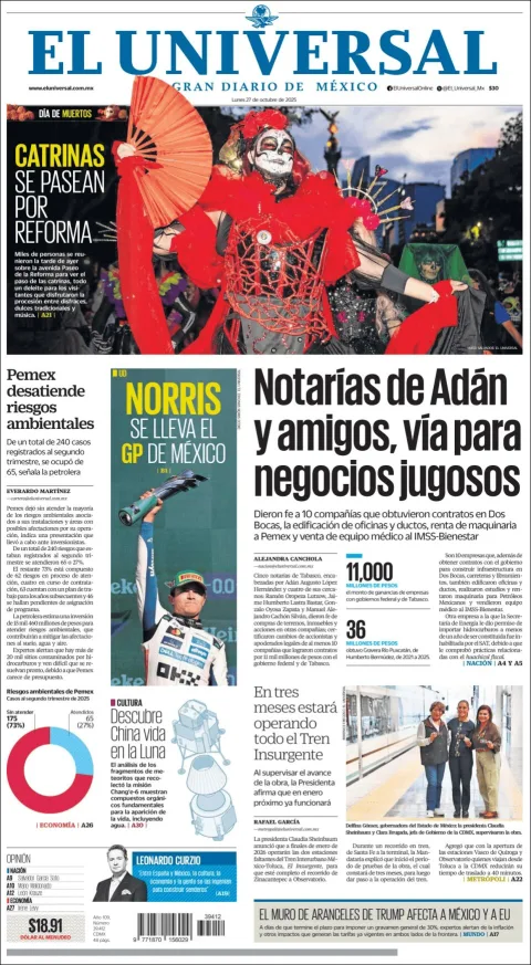 Portada de El Universal del lunes, 27 de octubre de 2025