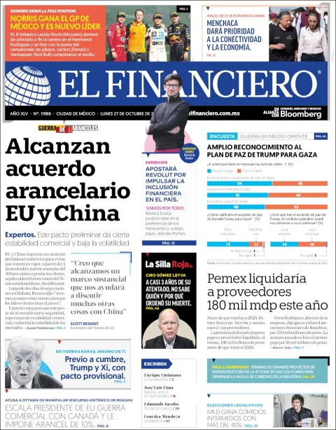 Portada de El Financiero del lunes, 27 de octubre de 2025