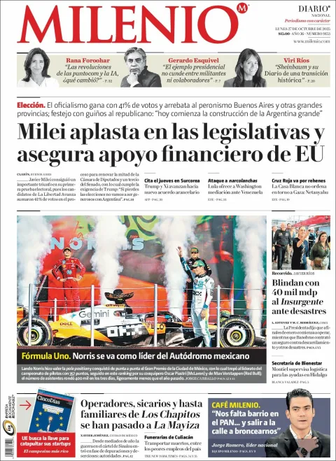 Portada de Milenio del lunes, 27 de octubre de 2025