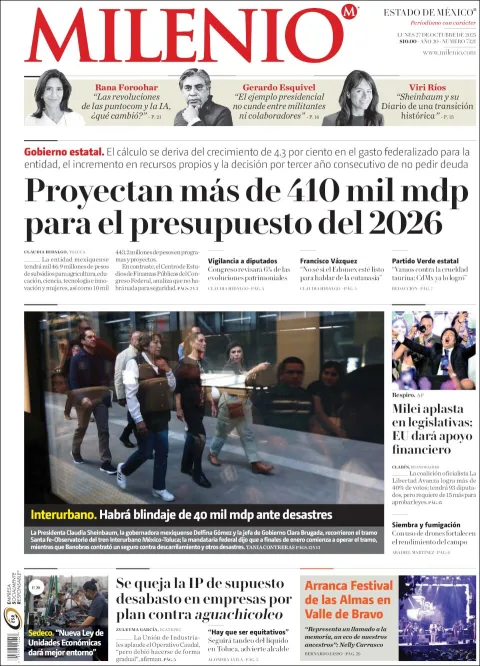 Portada de Milenio Edo de Mexico del lunes, 27 de octubre de 2025