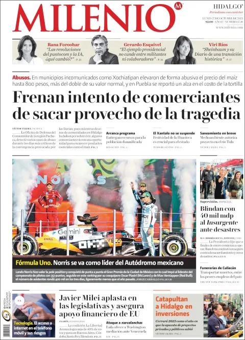 Portada de Milenio Hidalgo del lunes, 27 de octubre de 2025