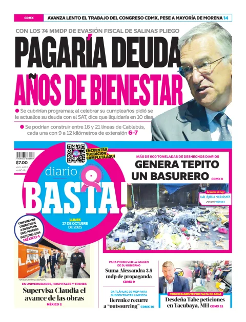 Portada de Basta! (portada) del lunes, 27 de octubre de 2025