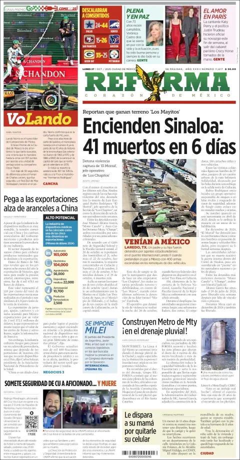 Portada de Reforma del lunes, 27 de octubre de 2025