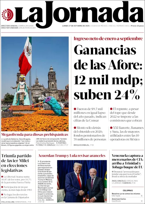 Portada de La Jornada del lunes, 27 de octubre de 2025