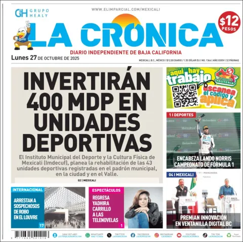 Portada de La Cronica del lunes, 27 de octubre de 2025