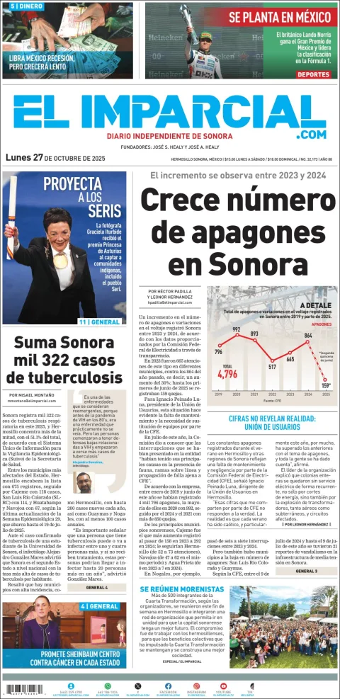 Portada de El Imparcial del lunes, 27 de octubre de 2025