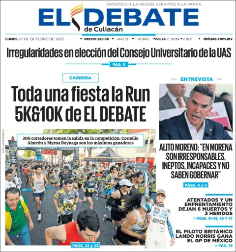 Portada de El Debate de Culiacan del lunes, 27 de octubre de 2025