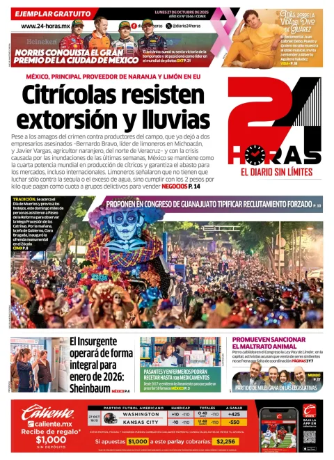 Portada de 24 Horas del lunes, 27 de octubre de 2025
