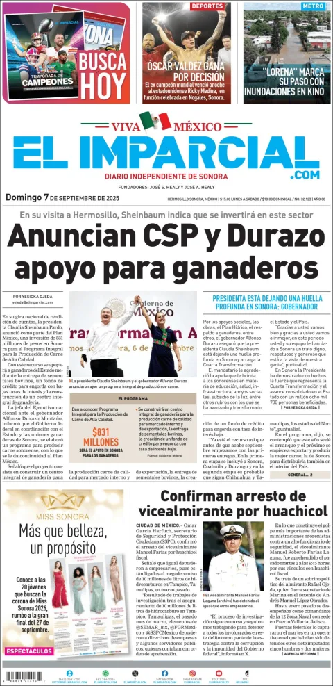Portada de El Imparcial del domingo, 7 de septiembre de 2025