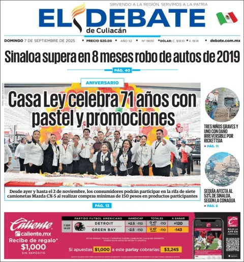 Portada de El Debate de Culiacan del domingo, 7 de septiembre de 2025
