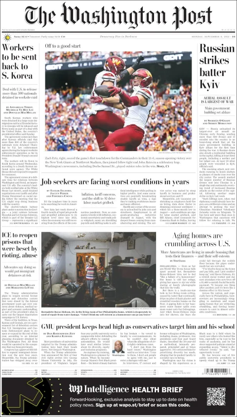 Portada de The Washington Post del lunes, 8 de septiembre de 2025