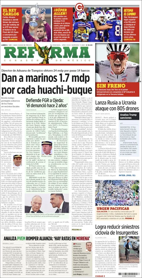 Portada de Reforma del lunes, 8 de septiembre de 2025