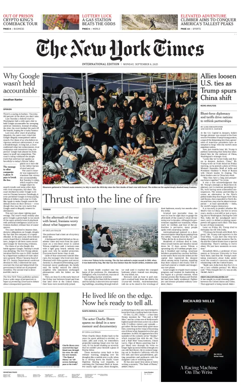 Portada de The New York Times (international) del lunes, 8 de septiembre de 2025