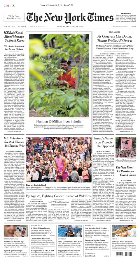 Portada de The New York Times (national) del lunes, 8 de septiembre de 2025