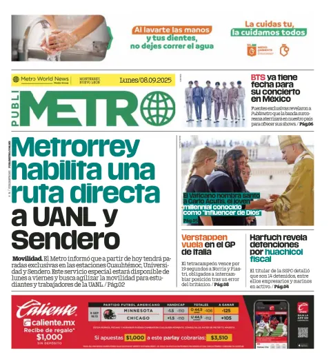 Portada de Publimetro Monterrey del lunes, 8 de septiembre de 2025
