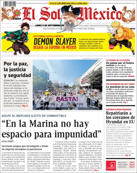 Portada de El Sol de Mexico del lunes, 8 de septiembre de 2025