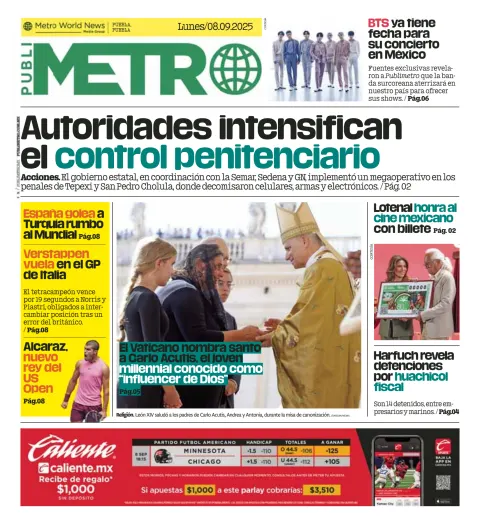 Portada de Publimetro Puebla del lunes, 8 de septiembre de 2025